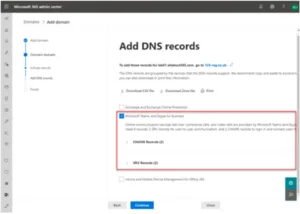 Office 365 admin center showing DNS settings with MX, TXT, and CNAME records configured for domain verification and email routing.