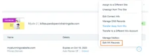Office 365 admin center interface showing DNS settings with a dropdown menu open to customize record types like MX, TXT, and CNAME.